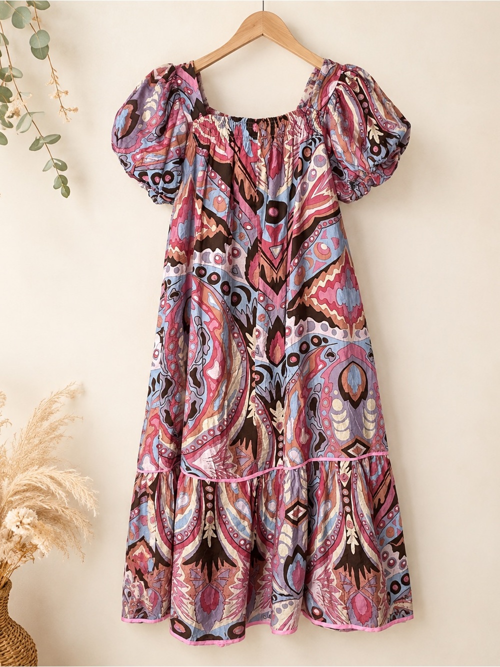 Umgee Boho Abstract Print Puff Sleeve Midi Dress Size Small NWT - Picture 2 of 8